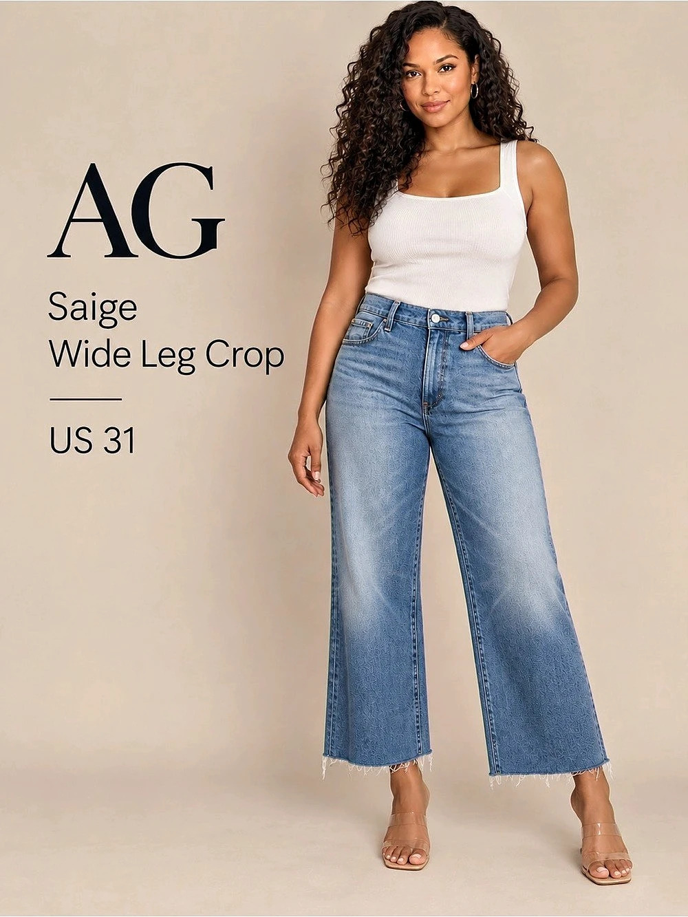 AG Saige High Rise Wide Leg Crop Jeans Light Wash Denim Size 31